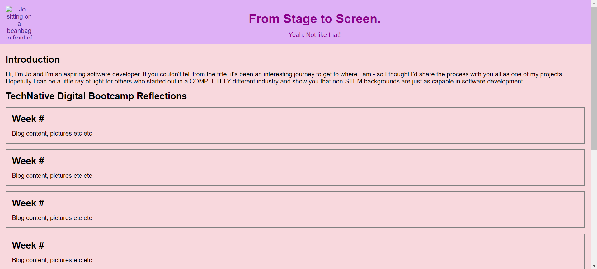 A very basic website with
              rough spaces laid out ready for weekly blog submissions.