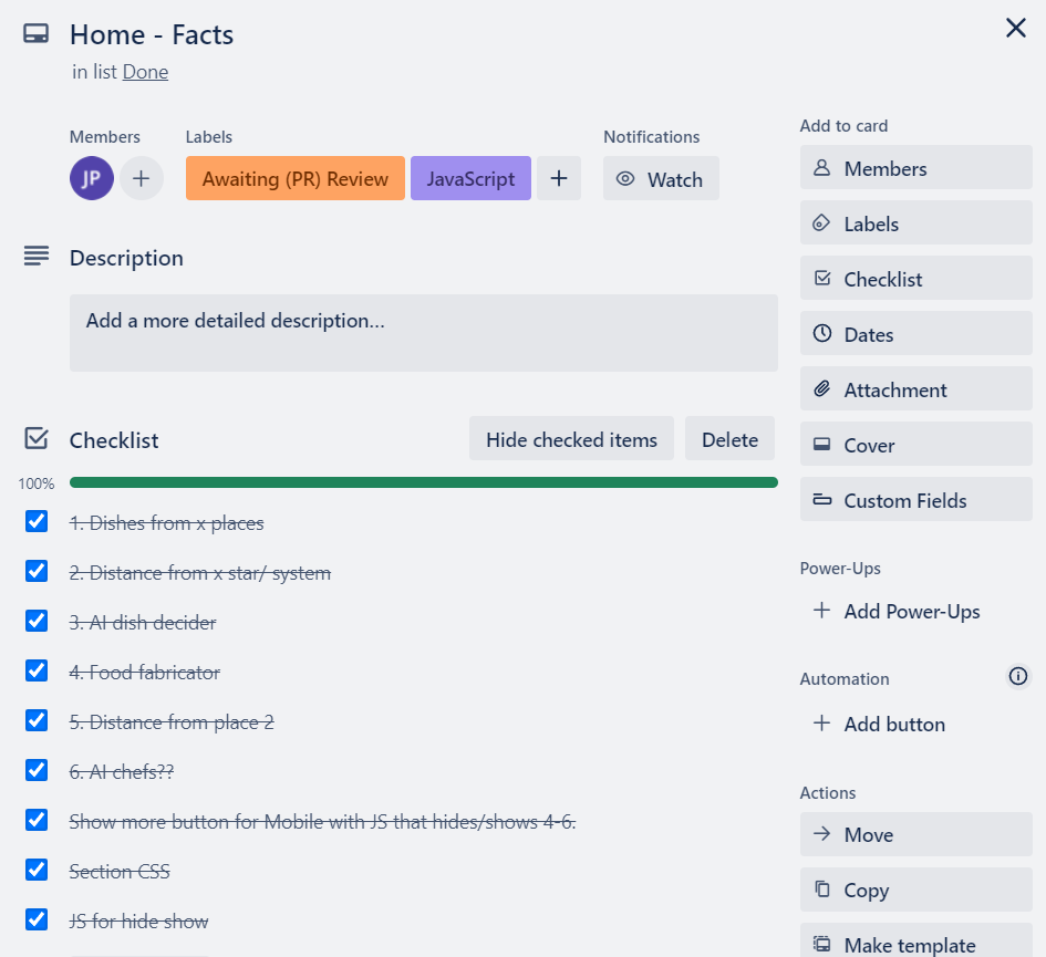 An example Trello card with checklist and colour coding