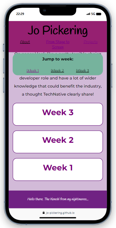 The bottom of this website shown on a mobile screen after the week 4 changes.