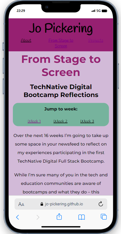 The top of this website shown on a mobile screen after the week 4 changes.